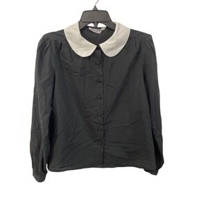 Josephine Vintage Black Peter Pan Collar Blouse White Contrast Button Front 12